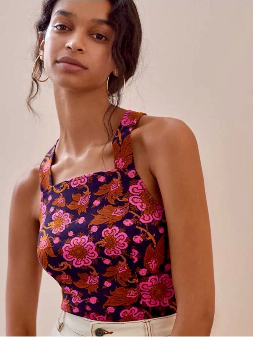 Anthropologie Porridge Floral Square-Neck Tank Top in Navy, Pink & Rust